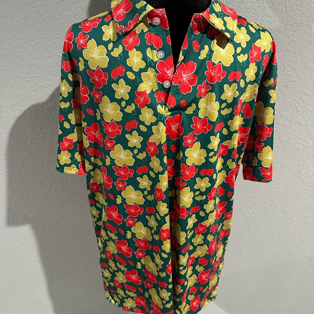 Shank It Golf Floral Men's Shirt - Red and Yellow on Green NWT